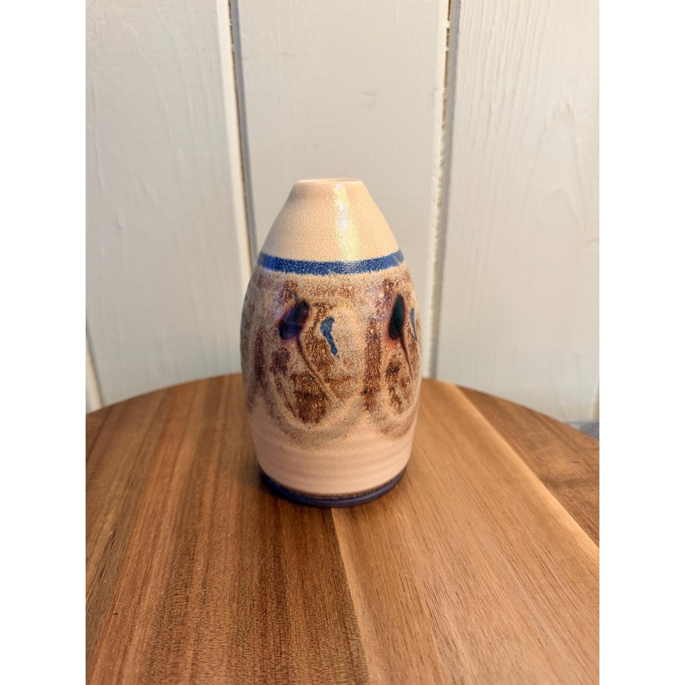 Vintage Studio Pottery Bud Vase Abstract Blue Brown MCM Artisan Minimalist Boho